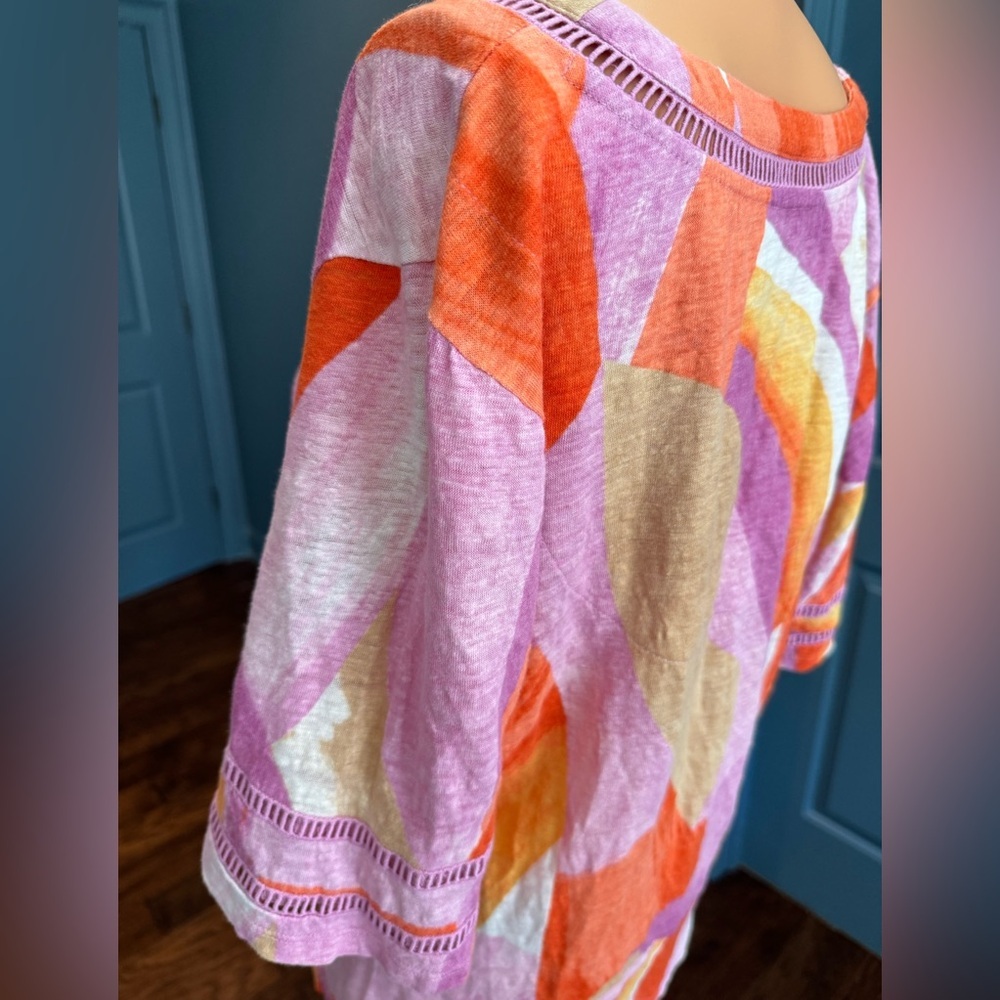 Chico's Linen Tunic Top Colorblock V Neck Oversized Boho Beach L - Picture 4 of 7